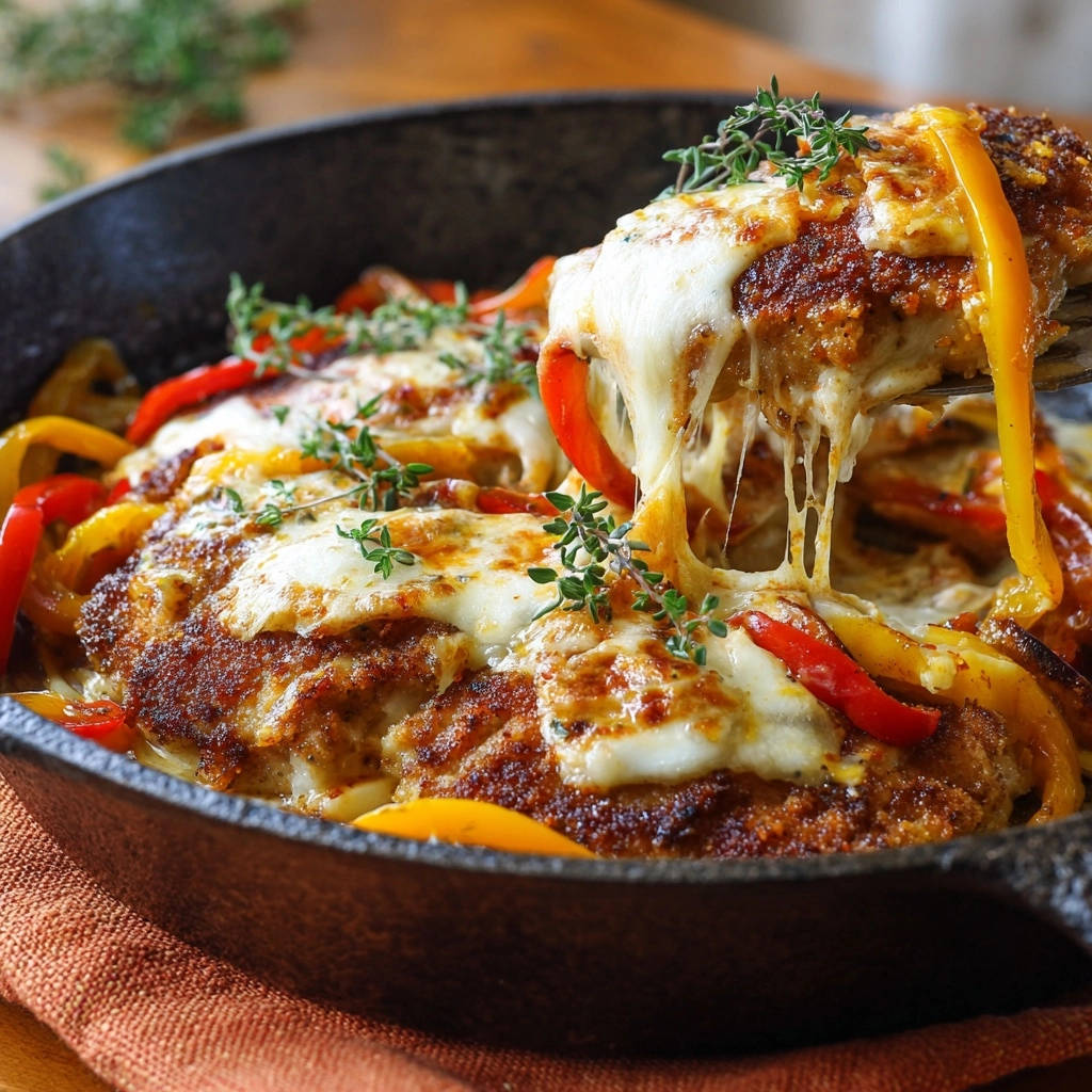Saftige Haehnchenschnitzel Mit Paprika Kaese Decke Kaese Zie 1 Saftige Hähnchenschnitzel mit Paprika-Käse-Decke, bei denen der geschmolzene Käse köstlich vom Löffel gezogen wird.