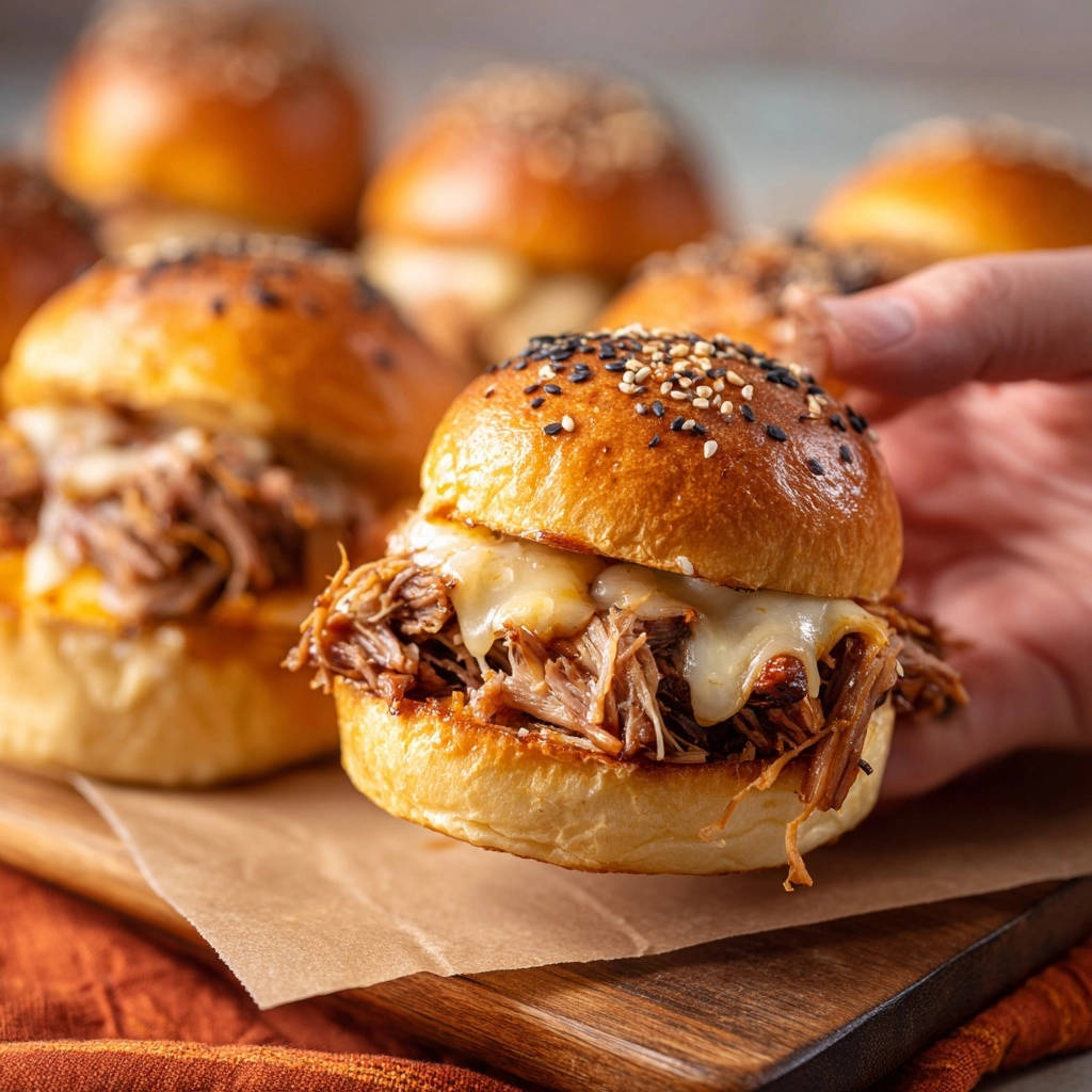 Saftige Pulled Chicken Sliders mit Käse in Nahaufnahme, von einer Hand gehalten, mit geschmolzenem Käse und zartem Hühnchen.