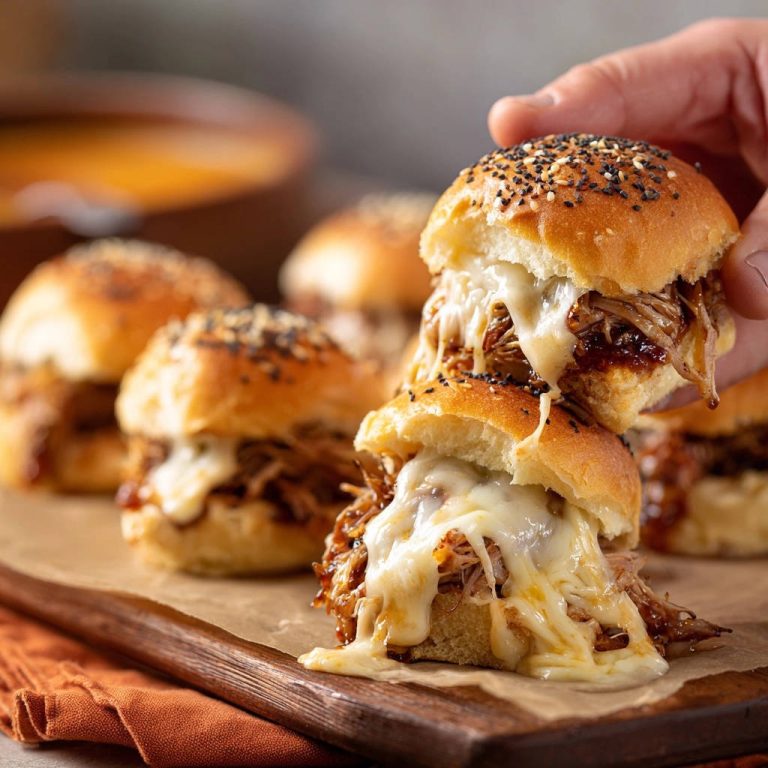 Saftige Pulled Chicken Sliders mit Käse in Nahaufnahme, mit geschmolzenem Käse, der aus dem Sandwich herausläuft, und zartem Hähnchenfleisch.