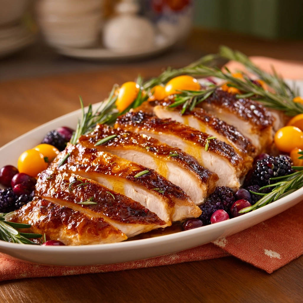 Saftige Putenbrust Mit Orangen Beeren Glasur Querschnitt 1 Saftige Putenbrust mit Orangen-Beeren-Glasur zeigt einen appetitlichen Querschnitt, der die saftige Textur des Fleisches und die Glasur hervorhebt.