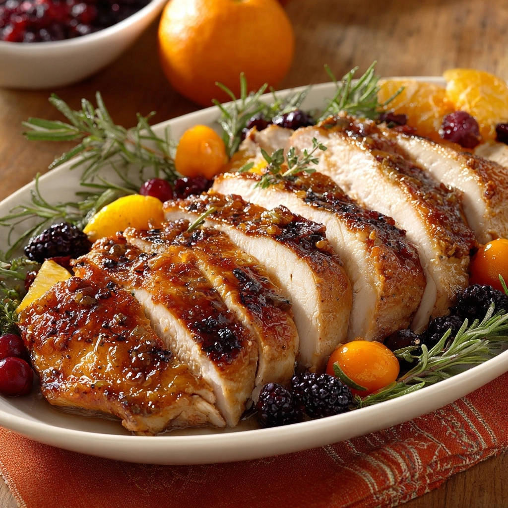 Saftige Putenbrust mit Orangen-Beeren-Glasur, serviert auf einer Platte. Nahaufnahme zeigt die saftigen, angeschnittenen Scheiben mit glänzender Glasur.