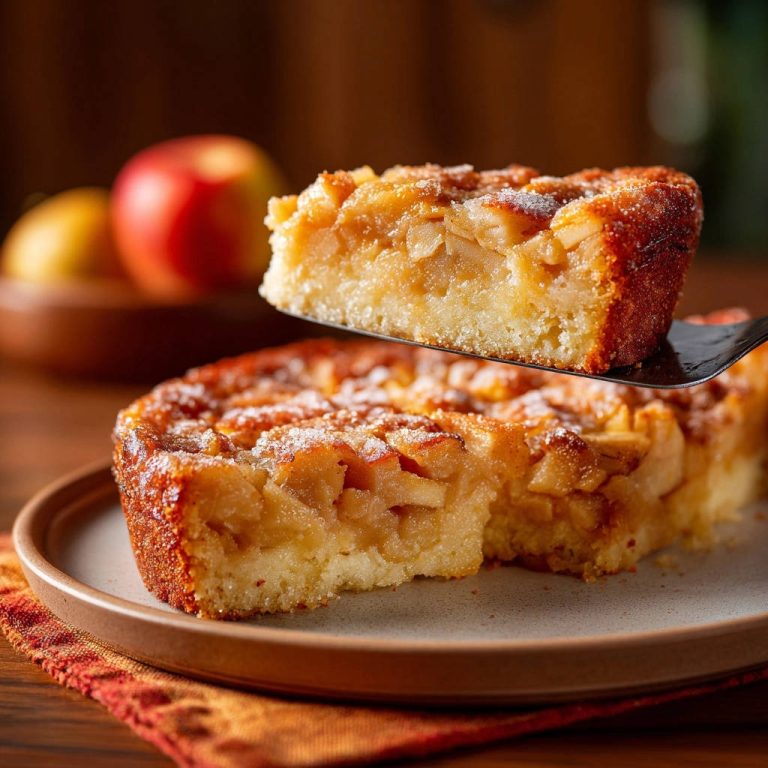 Saftiger Apfelkuchen mit einem herausgeschnittenen Stück, serviert auf einem Teller. Die saftige Füllung mit Äpfeln ist deutlich zu sehen.