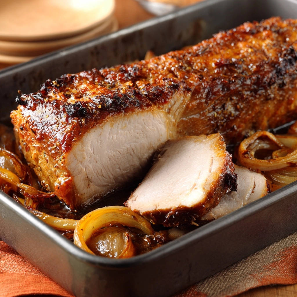 Saftiger Braten Mit Karamellisierten Zwiebeln Querschnitt 1 Saftiger Braten mit karamellisierten Zwiebeln zeigt eine Nahaufnahme des saftigen Fleischs und der karamellisierten Zwiebeln in der Auflaufform.