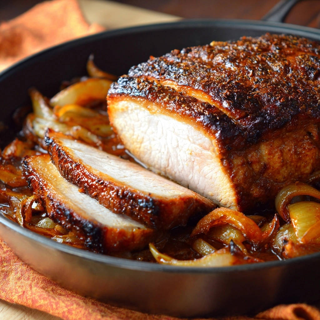 Saftiger Braten mit karamellisierten Zwiebeln, serviert in einer Pfanne, zeigt einen appetitlichen Querschnitt der Fleischstücke.