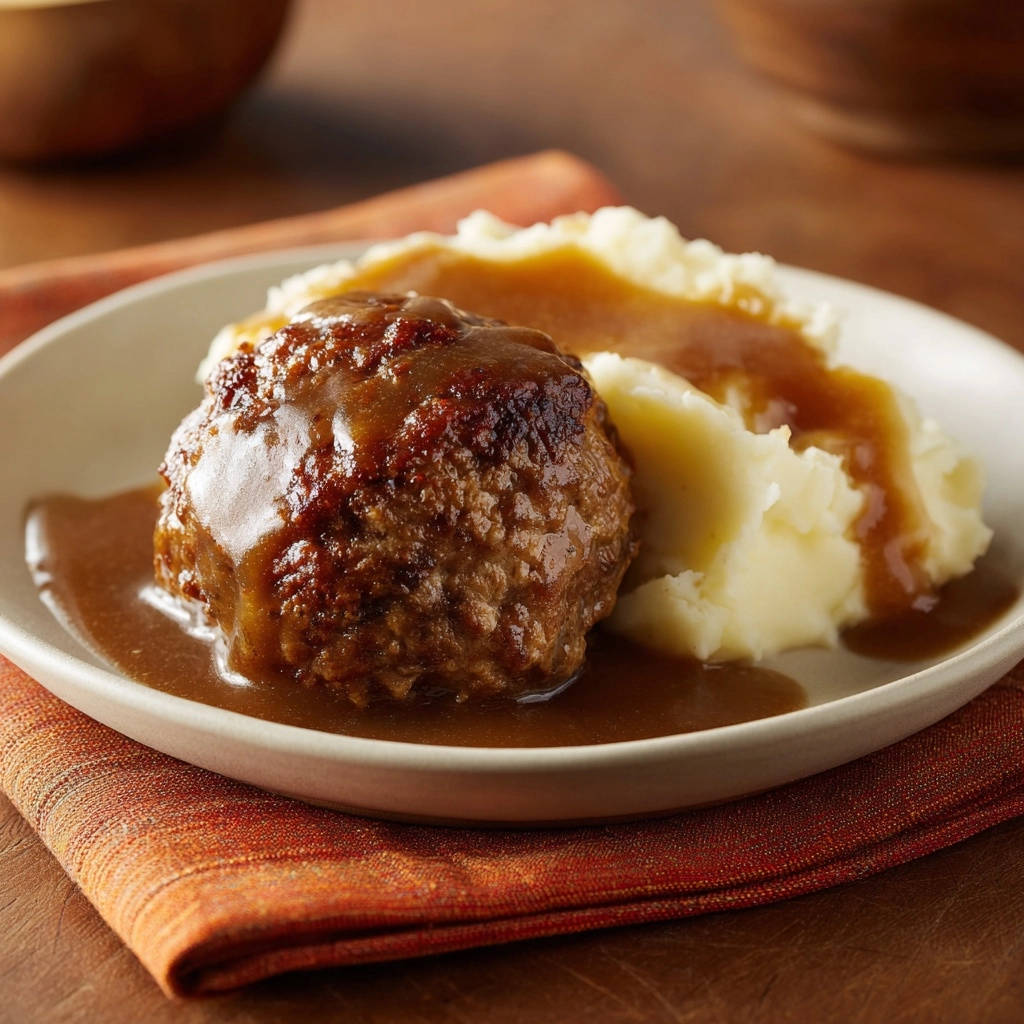 Saftiger Mini-Hackbraten mit Bratensoße serviert auf einem Teller, bedeckt mit reichlich Soße und serviert mit Kartoffelpüree.