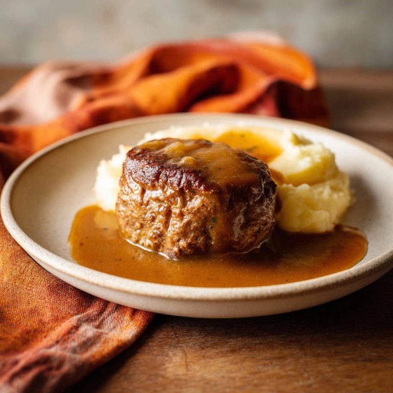 Saftiger Mini-Hackbraten mit Bratensoße serviert auf einem Teller, daneben cremiges Kartoffelpüree und reichlich Soße.