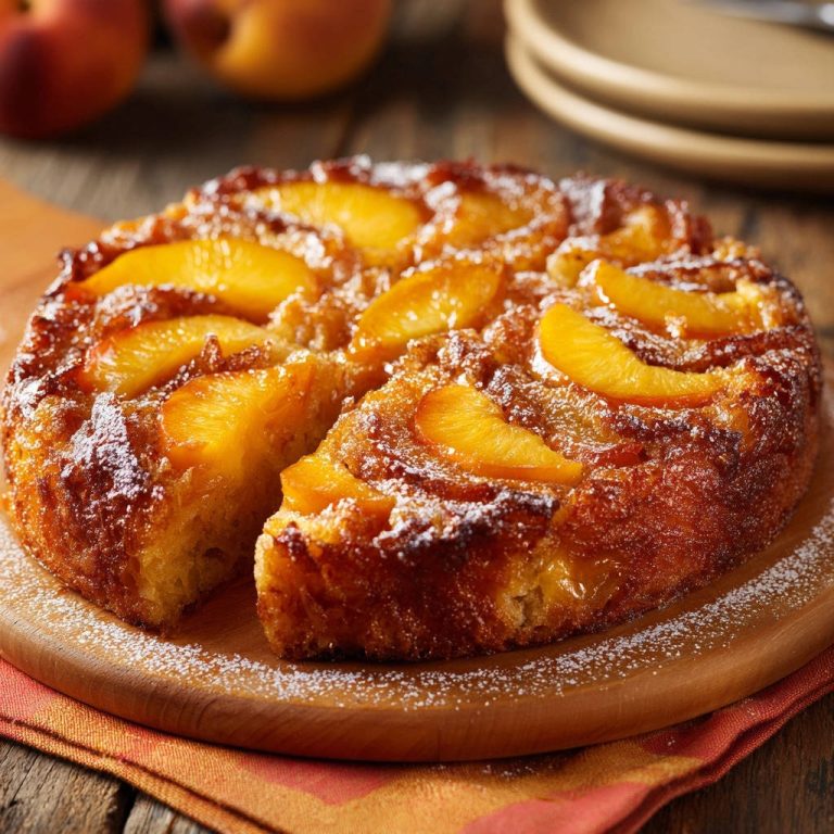 Saftiger Pfirsich-Sturzkuchen mit frischen Pfirsich-Scheiben, angeschnitten, sodass der saftige Kuchenboden sichtbar wird.