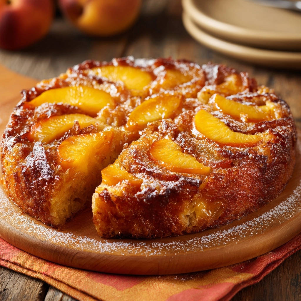 Saftiger Pfirsich-Sturzkuchen mit frischen Pfirsich-Scheiben, angeschnitten, sodass der saftige Kuchenboden sichtbar wird.