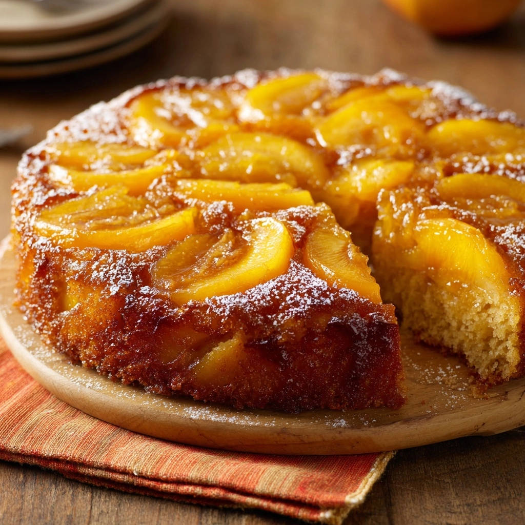 Saftiger Pfirsich Sturzkuchen Querschnitt 1 Saftiger Pfirsich-Sturzkuchen mit Anschnitt, der die saftige Textur der Krume und die goldene Karamellschicht zeigt.