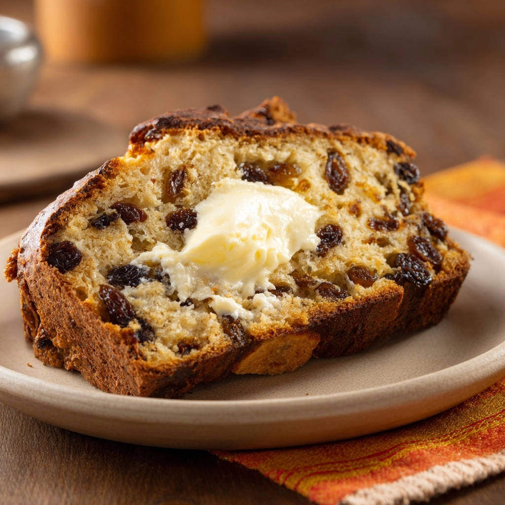 Saftiges Rosinenbrot Mit Butter Querschnitt 1 Saftiges Rosinenbrot mit Butter, frisch angeschnitten, zeigt eine saftige Innenansicht mit Rosinen und einem Klecks Butter.