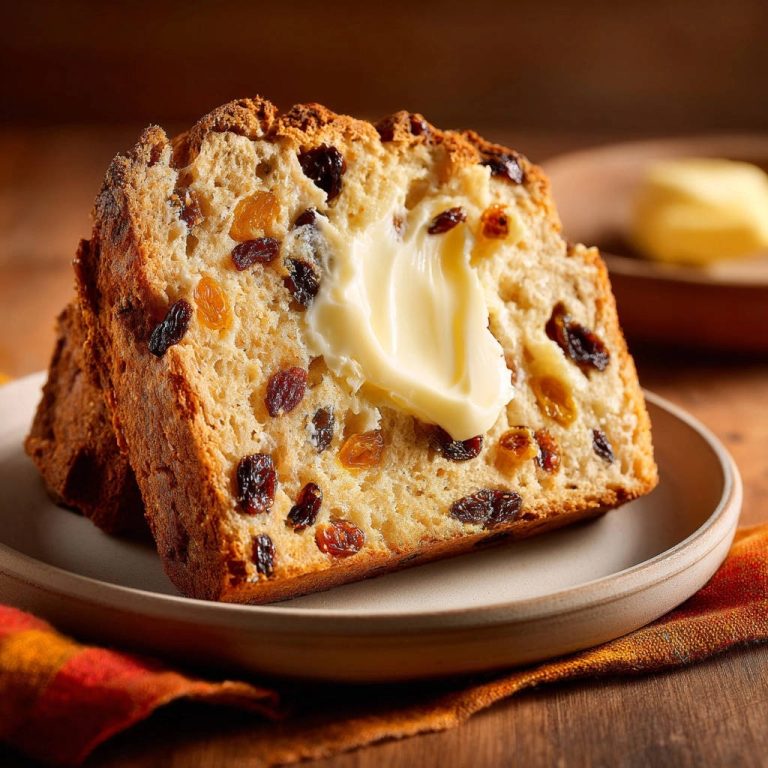 Saftiges Rosinenbrot mit Butter, frisch angeschnitten, zeigt eine saftige Innenansicht mit vielen Rosinen und einem Klecks Butter.
