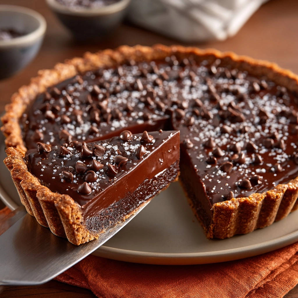 Schoko Ganache Tarte Mit Meersalz Querschnitt 1 Schoko-Ganache-Tarte mit Meersalz zeigt einen Anschnitt, der die cremige Schokoladenfüllung und den knusprigen Teigboden offenbart.