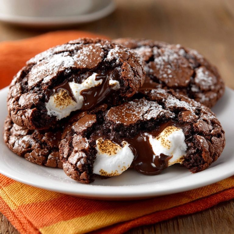 S'mores Crinkle Cookies mit einem verführerischen Querschnitt, der geschmolzene Schokolade und einen getoasteten Marshmallow zeigt.