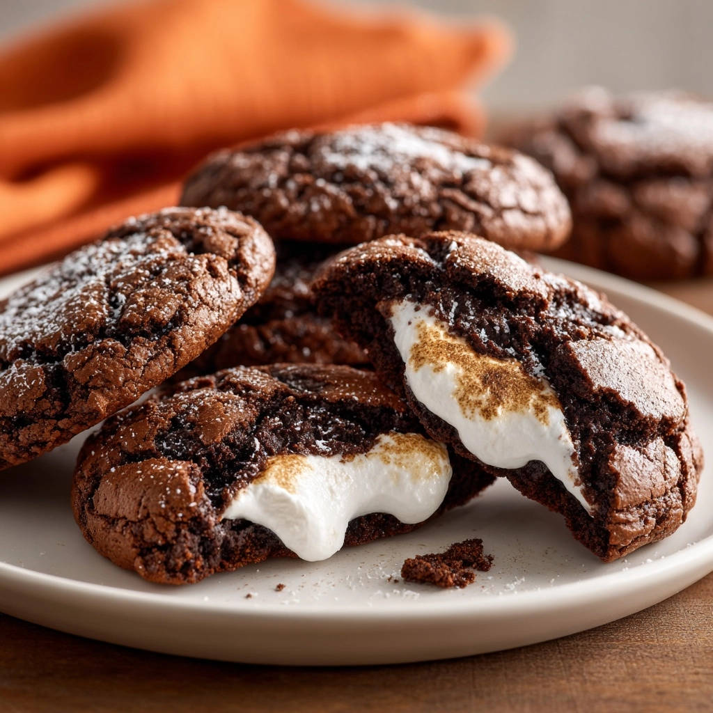 S'mores Crinkle Cookies mit einem verlockenden Querschnitt, der den geschmolzenen Marshmallow-Kern und die Textur zeigt.