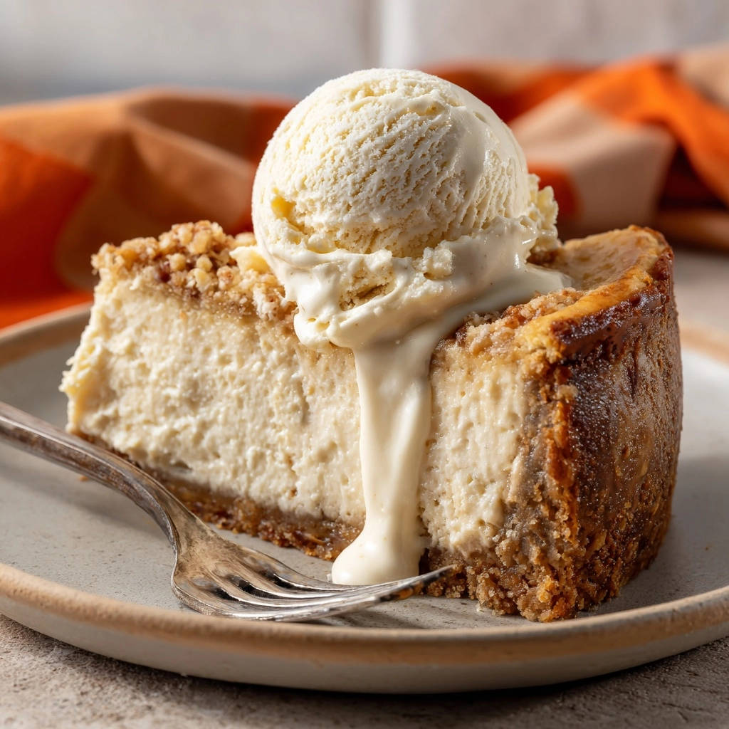 Traumhaft Cremiger Kasekuchen Mit Vanilleeis Querschnitt 1 Traumhaft cremiger Käsekuchen mit Vanilleeis in einem Nahaufnahme-Querschnitt, serviert mit einer Kugel Vanilleeis auf einem Teller.