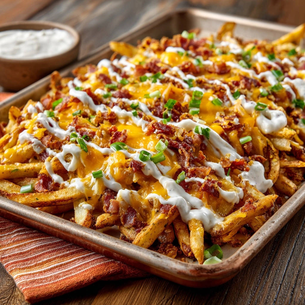 Ultimative Loaded Fries vom Blech, serviert auf einem Blech, reichlich belegt mit Käse, Speck und frischen Kräutern. Ein wahrer Genuss!