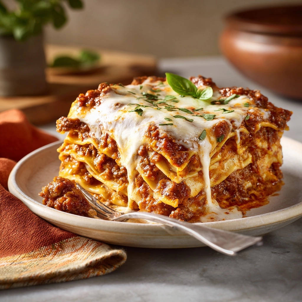 Unwiderstehliche Lasagne Al Forno Serviert 1 Die unwiderstehliche Lasagne al Forno serviert auf einem Teller, mit geschmolzenem Käse, der verführerisch herunterläuft. Ein köstliches Gericht.