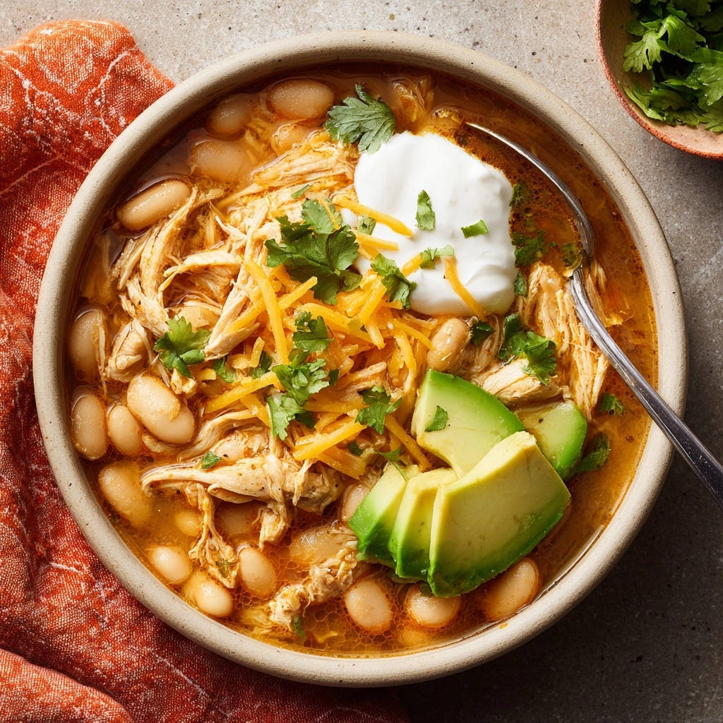 Weisser Hahnchen Chili Draufsicht Serviert 1 Weißer Hähnchen-Chili in einer Schüssel serviert, garniert mit frischem Koriander, Käse, Sauerrahm und Avocado. Ein köstliches und sättigendes Gericht.
