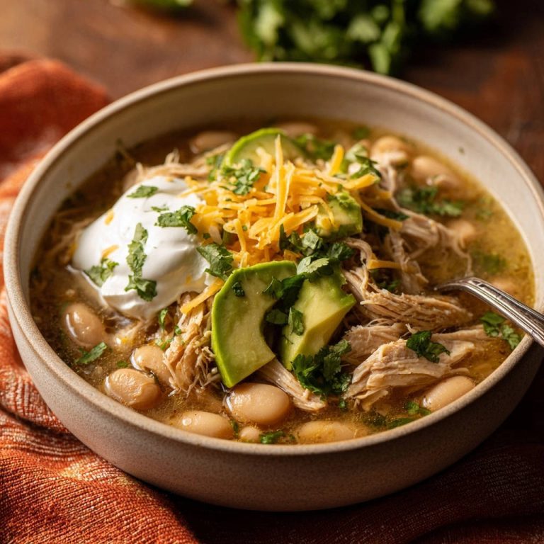 Weisser Hähnchen-Chili in einer Schüssel serviert, garniert mit Sauerrahm, Avocado, Käse und Koriander. Ein herzhaftes und köstliches Gericht.