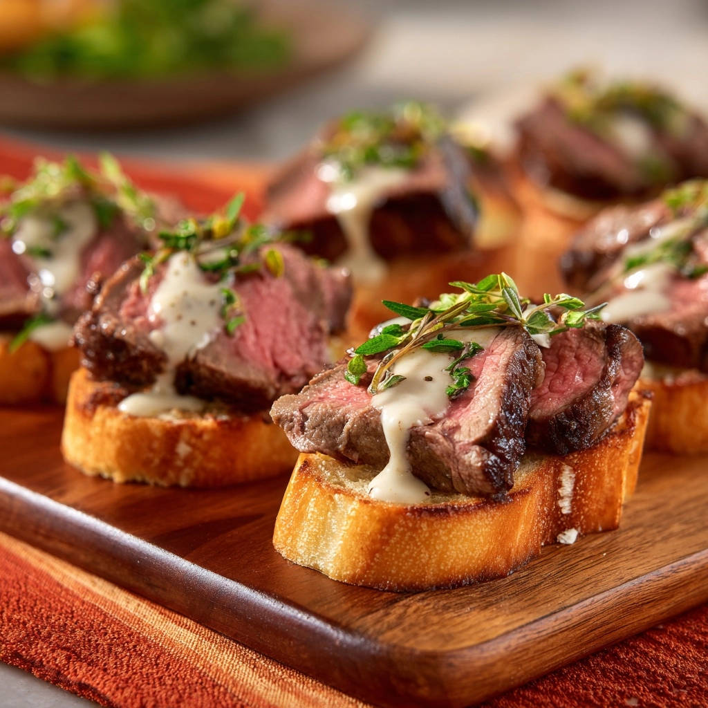 Zarte Rinderfilet-Häppchen mit cremiger Kräutersauce in Nahaufnahme, serviert auf geröstetem Brot und mit frischen Kräutern garniert.