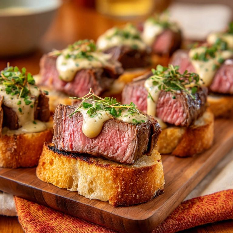 Zarte Rinderfilet-Häppchen mit cremiger Kräutersauce, hier in Nahaufnahme, zeigen saftigen Fleischquerschnitt auf geröstetem Brot.
