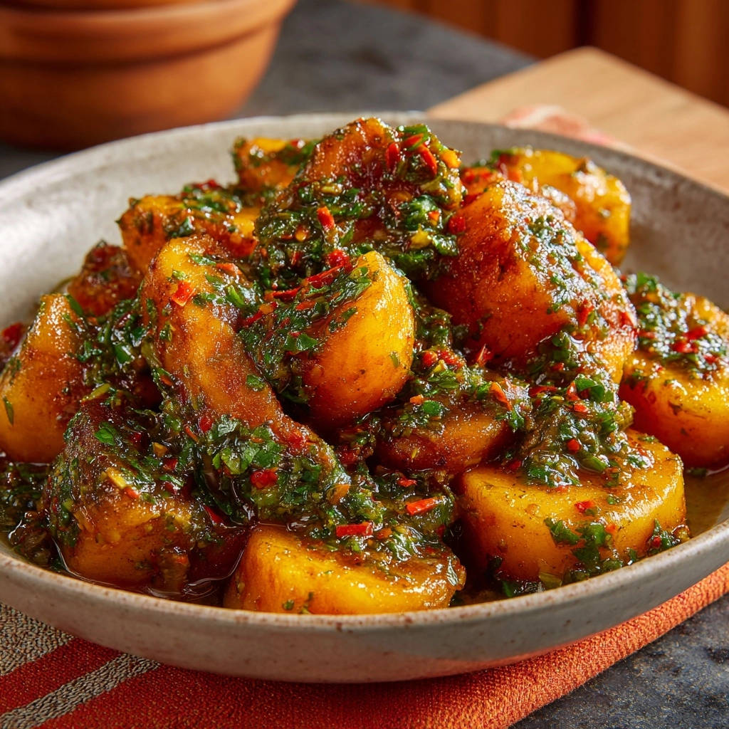 Zarte Yamswuerfel Mit Kraeutersauce Draufsicht 1 Zarte Yamswürfel mit aromatischer Kräutersauce in einer Schüssel aus der Vogelperspektive. Saftige Yamswürfel bedeckt mit frischer Kräuter-Chili-Mischung.