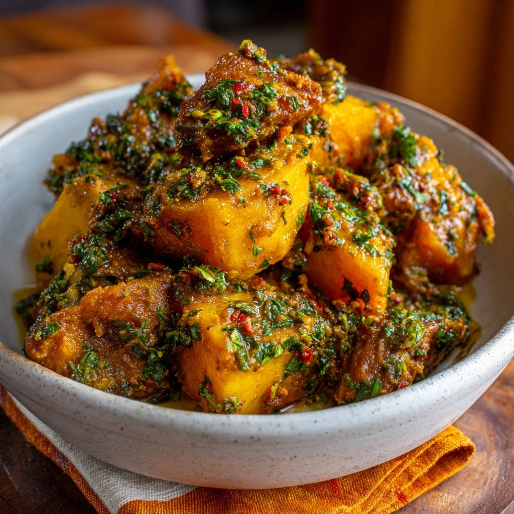 Zarte Yamswürfel mit aromatischer Kräutersauce in einer Schüssel, von oben betrachtet. Die leckeren Yamswürfel sind reichlich mit frischen Kräutern bedeckt.