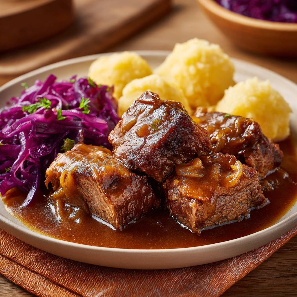 Zarter Rinderbraten mit Rotkohl und Klößen serviert auf einem Teller. Die saftigen Fleischstücke sind in dunkler Soße angerichtet.