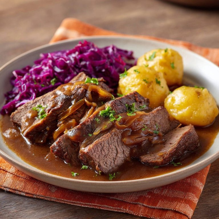 Zarter Rinderbraten mit Rotkohl und Klößen serviert auf einem Teller. Die saftigen Fleischscheiben sind mit Zwiebeln und Soße garniert.