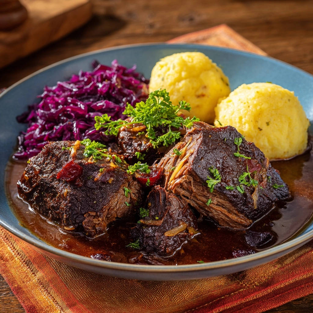Zarter Rinderschmorbraten mit Klößen und Rotkohl in einer Schüssel serviert, garniert mit frischer Petersilie. Der Braten ist saftig und zart.
