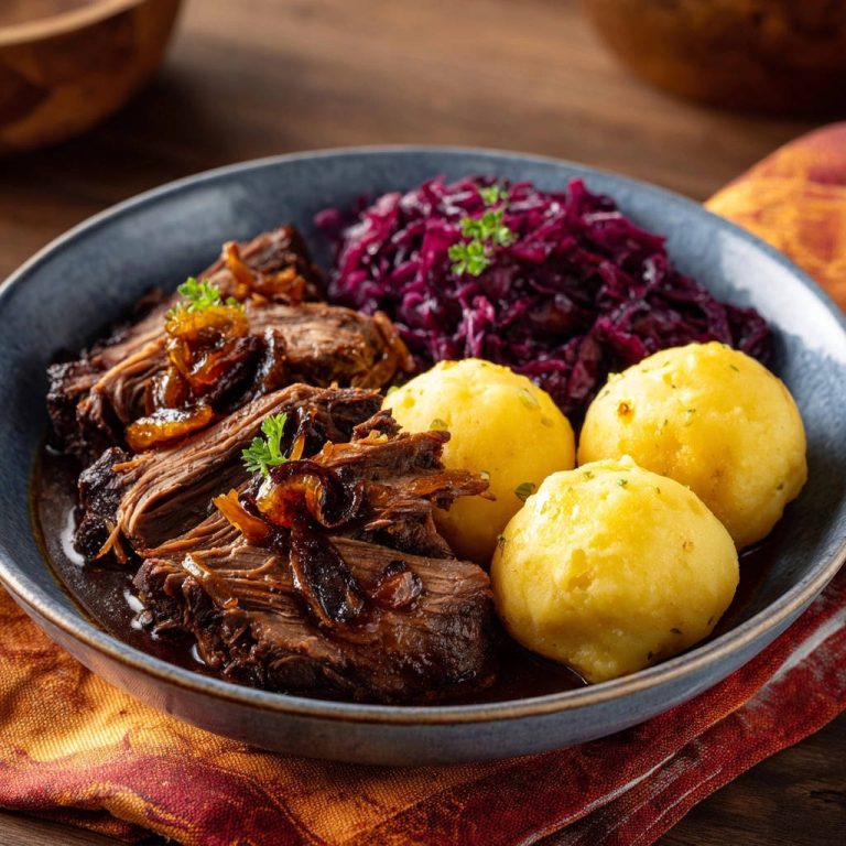 Zarter Rinderschmorbraten mit Klößen und Rotkohl, serviert in einer tiefblauen Schüssel, garniert mit frischer Petersilie und Zwiebeln.