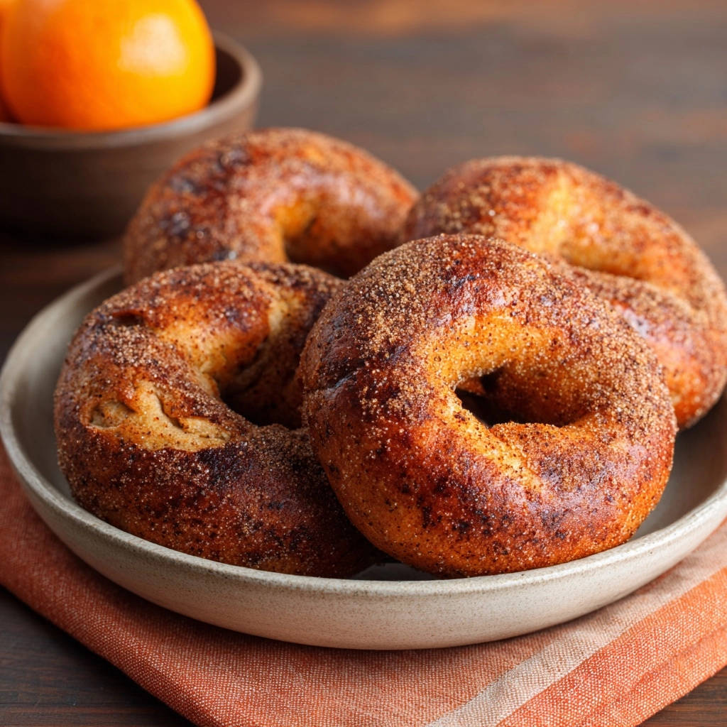 Zimt Zucker Bagels Nahaufnahme 1 Zimt-Zucker-Bagels in einer Nahaufnahme, die ihre knusprige Oberfläche und die Zimt-Zucker-Schicht zeigt. Auf einem Teller serviert, mit Mandarinen im Hintergrund.