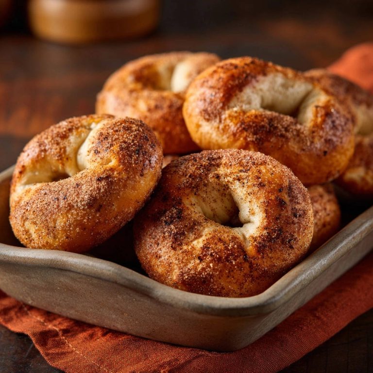 Zimt-Zucker-Bagels in einer Nahaufnahme, die ihre knusprige, zimtige Kruste und die weichen Innenräume zeigt. Eine verführerische Ansicht des frisch gebackenen Gebäcks.