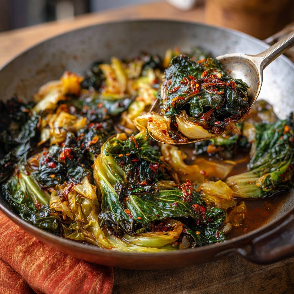 Herzhafter Pfannenkohl mit karamellisierten Zwiebeln und Chili