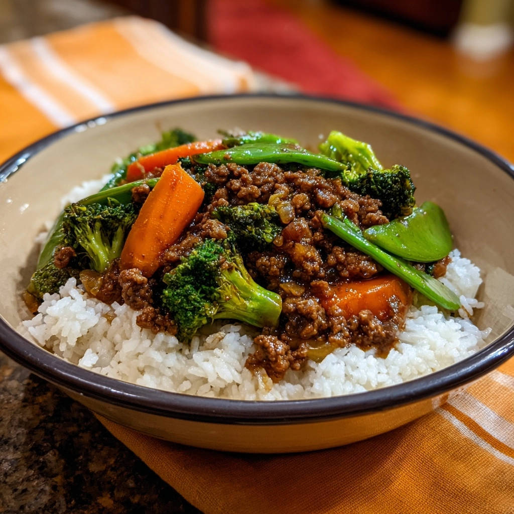 Asiatische Hackfleischpfanne mit Gemüse und Reis