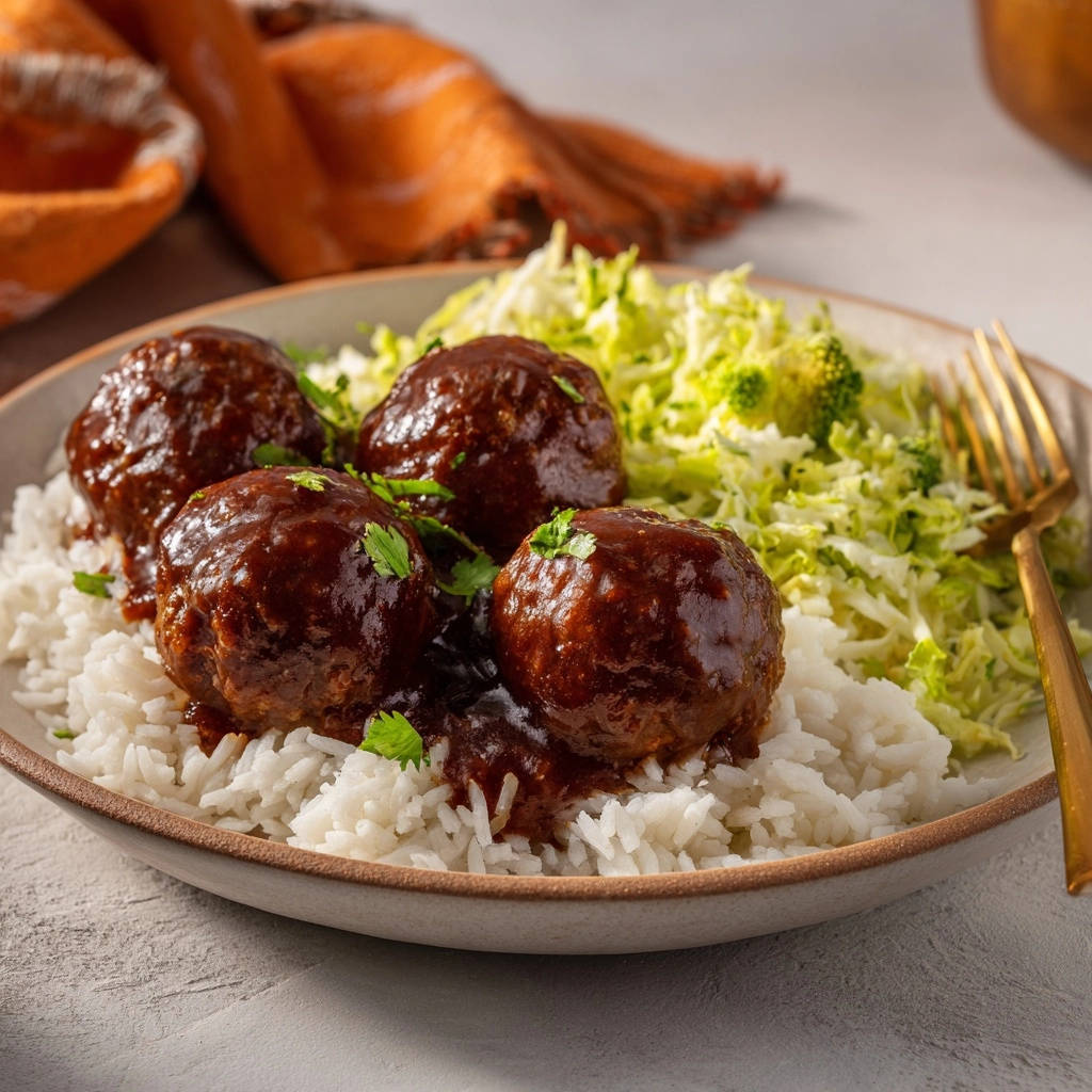 Saftige Hackbällchen in BBQ-Soße mit Reis und Zucchini