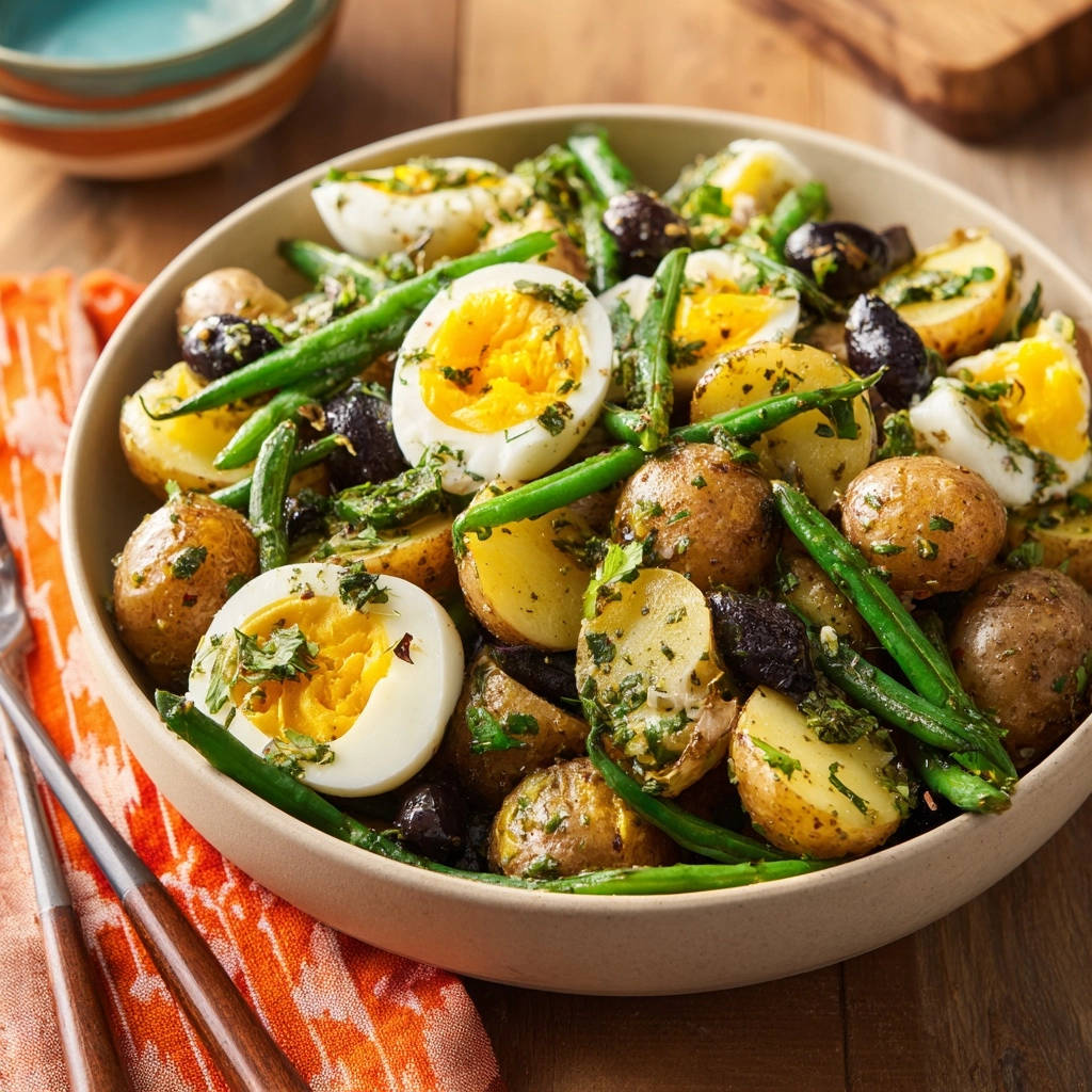 Herzhafter Kartoffel-Bohnen-Salat mit Oliven und Eiern