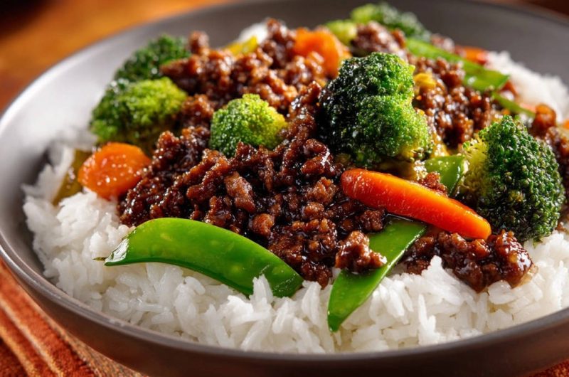 Asiatische Hackfleischpfanne mit Gemüse und Reis