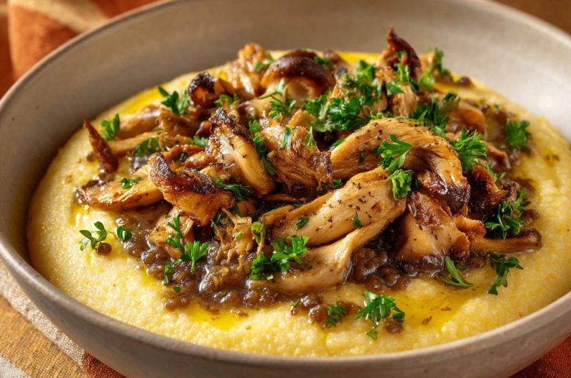 Cremige Polenta mit gebratenen Pilzen und Kräuter-Linsen-Ragout