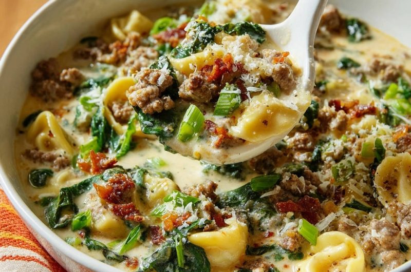 Cremige Tortellini-Hackfleisch-Suppe mit Spinat