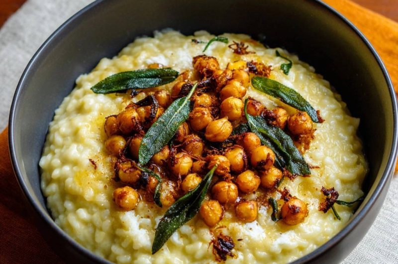 Cremiger Risotto mit knusprigen Kichererbsen und Salbei