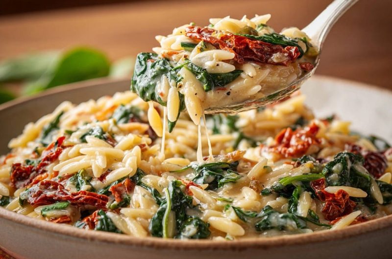 Cremiges Orzo mit Spinat und getrockneten Tomaten