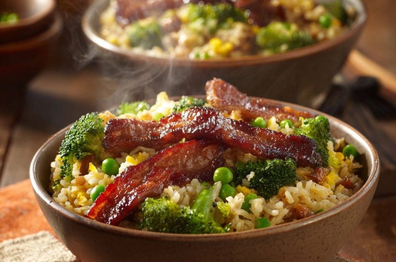 Gebratener Reis mit Brokkoli und knusprigem Bacon