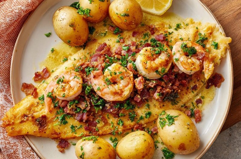 Gebratenes Schollenfilet mit Knusperspeck und Garnelen