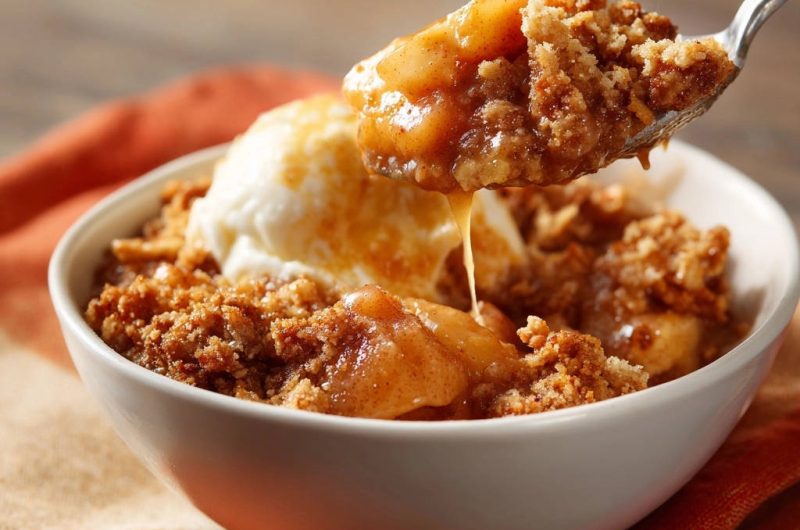 Goldener Apfel-Crumble mit Vanilleeis