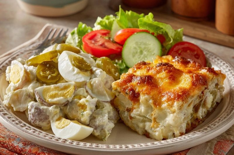 Hausgemachtes Kartoffelgratin mit scharfem Kartoffelsalat
