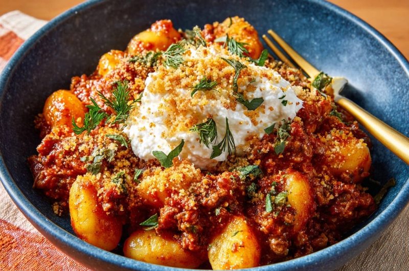 Herzhafte Gnocchi mit Ragu und cremiger Haube
