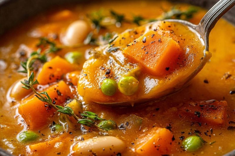 Herzhafter Kürbis-Bohnen-Eintopf mit Erbsen