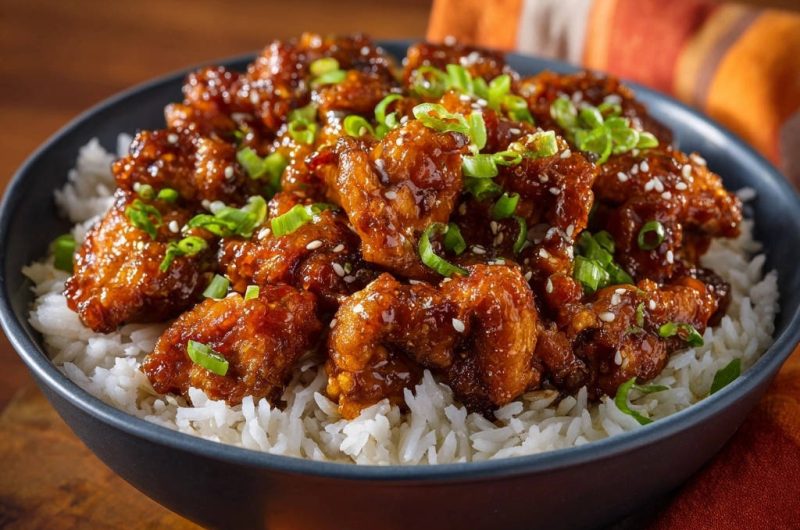 Klebriges Knusper-Hähnchen mit Reis