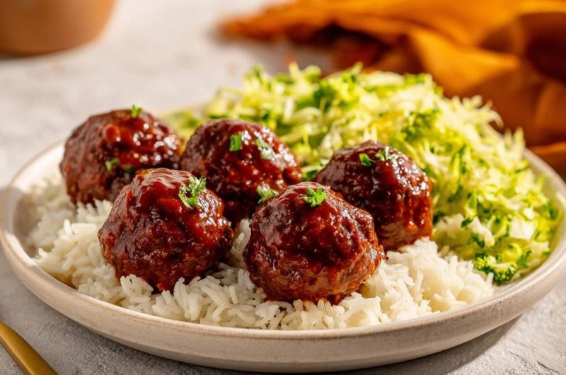 Saftige Hackbällchen in BBQ-Soße mit Reis und Zucchini